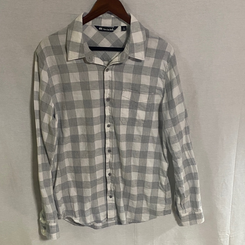 Women’s Travis Mathew Light Gray and White Checkered Cotton Shirt Large EUC